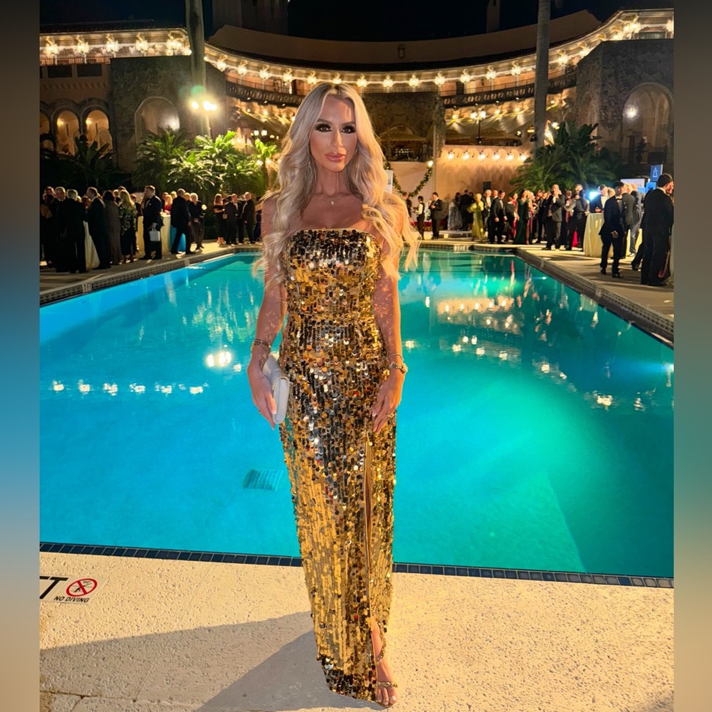 Gold Sequin Bandeau Maxi Dress With Front High-Split by Club London.